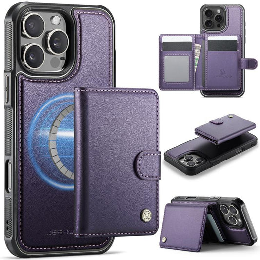 For iPhone 16 Pro Max JEEHOOD J09 Buckle Card Bag MagSafe Magnetic Style RFID Leather Phone Case(Purple) - iPhone 16 Pro Max Cases by JEEHOOD | Online Shopping UK | buy2fix