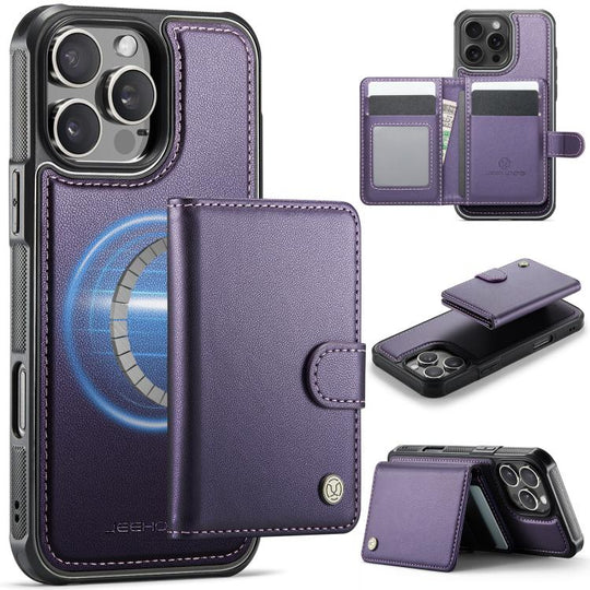 For iPhone 16 Pro Max JEEHOOD J09 Buckle Card Bag MagSafe Magnetic Style RFID Leather Phone Case(Purple)