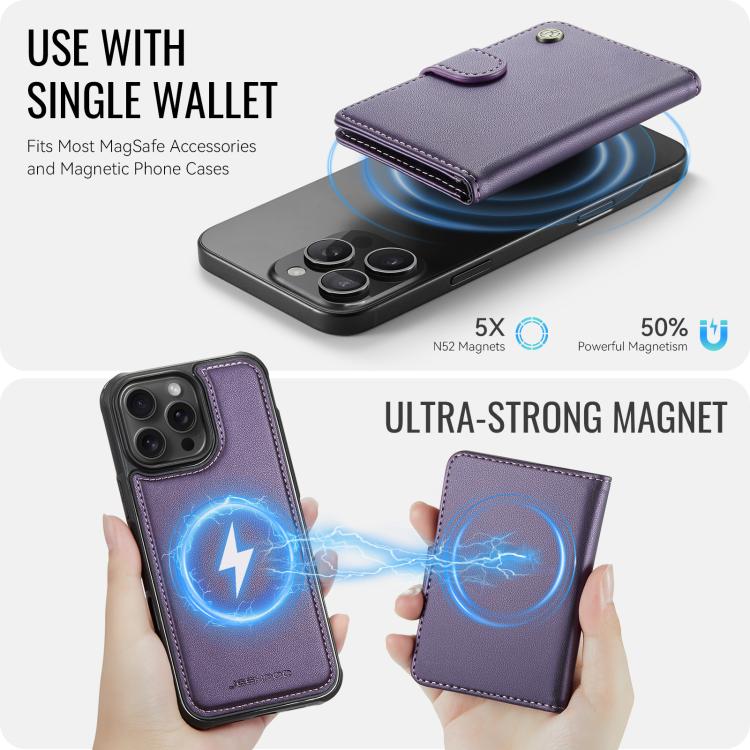 For iPhone 16 Pro Max JEEHOOD J09 Buckle Card Bag MagSafe Magnetic Style RFID Leather Phone Case(Purple) - iPhone 16 Pro Max Cases by JEEHOOD | Online Shopping UK | buy2fix