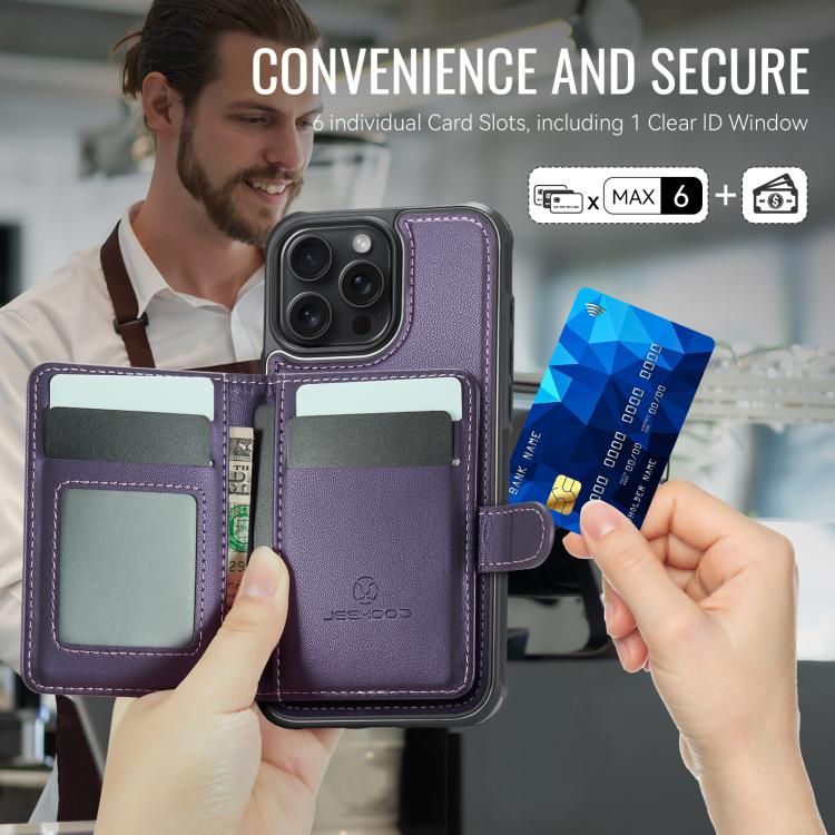 For iPhone 16 Pro Max JEEHOOD J09 Buckle Card Bag MagSafe Magnetic Style RFID Leather Phone Case(Purple) - iPhone 16 Pro Max Cases by JEEHOOD | Online Shopping UK | buy2fix