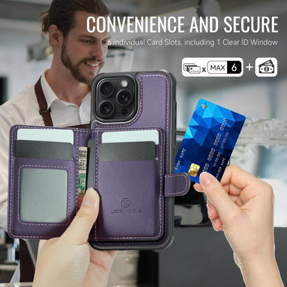 For iPhone 16 Pro Max JEEHOOD J09 Buckle Card Bag MagSafe Magnetic Style RFID Leather Phone Case(Purple) - iPhone 16 Pro Max Cases by JEEHOOD | Online Shopping UK | buy2fix