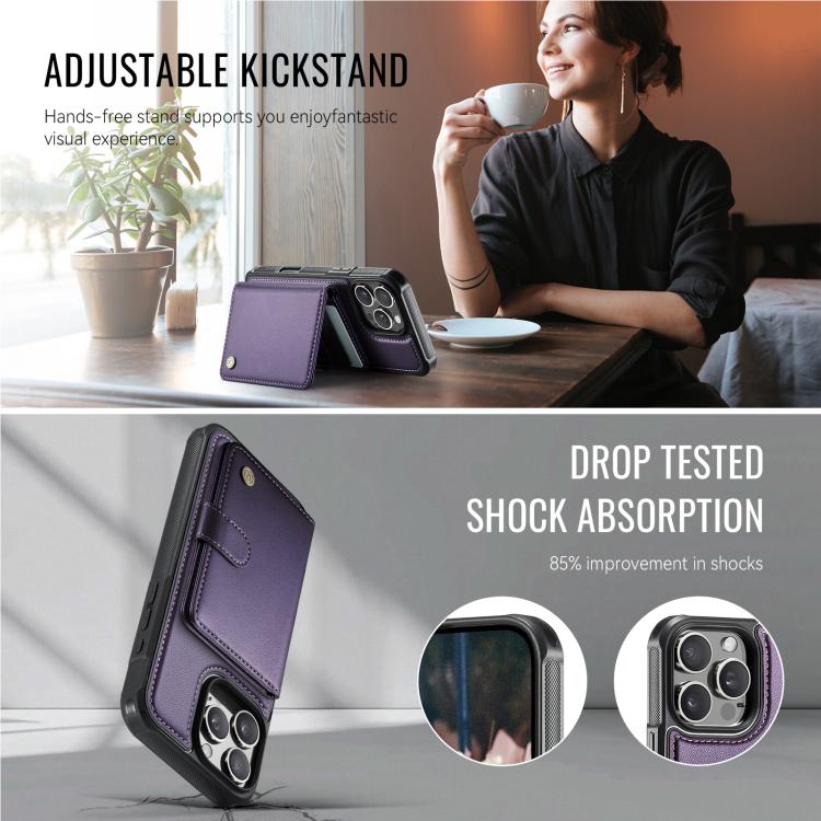 For iPhone 16 Pro Max JEEHOOD J09 Buckle Card Bag MagSafe Magnetic Style RFID Leather Phone Case(Purple) - iPhone 16 Pro Max Cases by JEEHOOD | Online Shopping UK | buy2fix