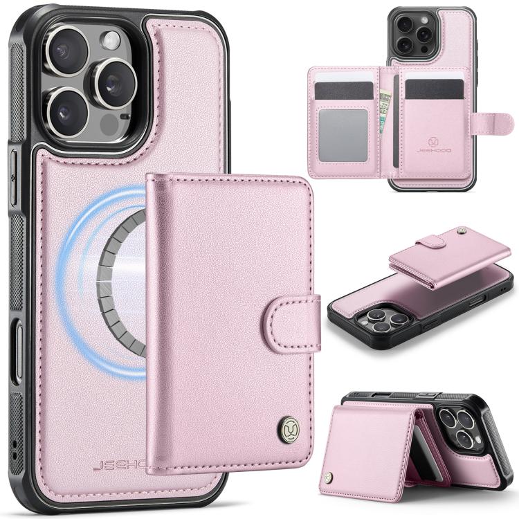 For iPhone 16 Pro JEEHOOD J09 Buckle Card Bag MagSafe Magnetic Style RFID Leather Phone Case(Pink) - iPhone 16 Pro Cases by JEEHOOD | Online Shopping UK | buy2fix
