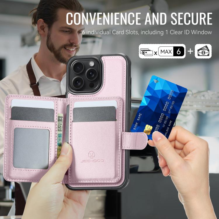 For iPhone 16 Pro JEEHOOD J09 Buckle Card Bag MagSafe Magnetic Style RFID Leather Phone Case(Pink) - iPhone 16 Pro Cases by JEEHOOD | Online Shopping UK | buy2fix