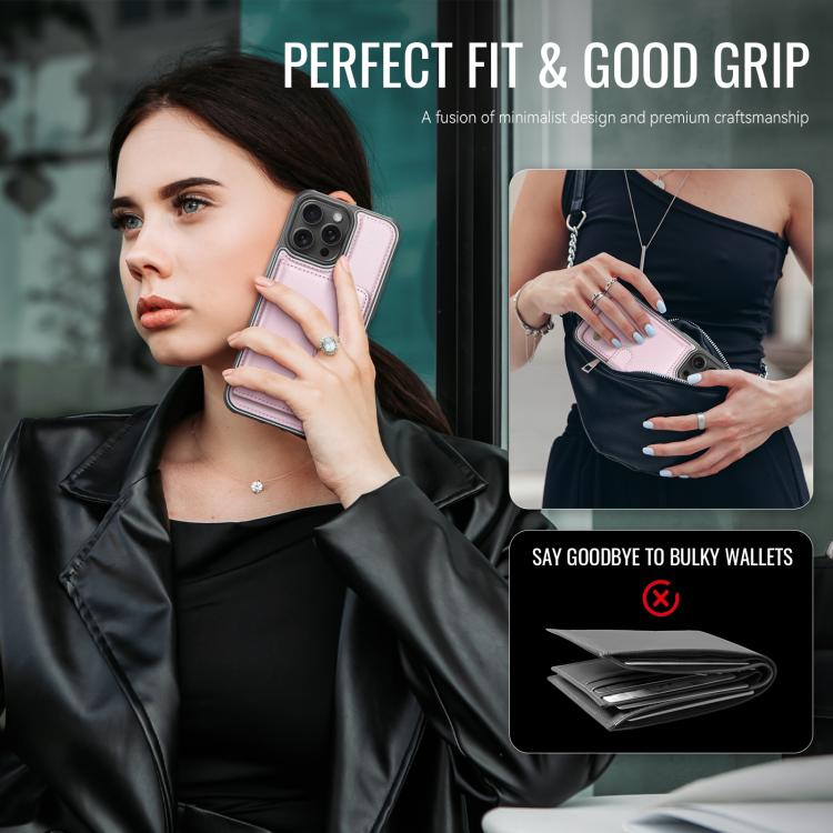 For iPhone 16 Pro JEEHOOD J09 Buckle Card Bag MagSafe Magnetic Style RFID Leather Phone Case(Pink) - iPhone 16 Pro Cases by JEEHOOD | Online Shopping UK | buy2fix