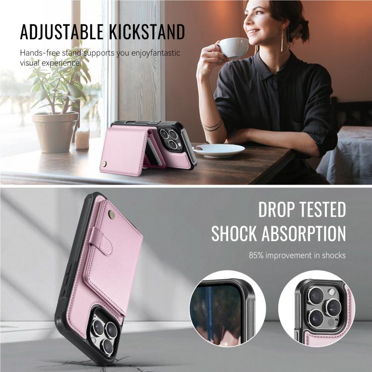 For iPhone 16 Pro JEEHOOD J09 Buckle Card Bag MagSafe Magnetic Style RFID Leather Phone Case(Pink) - iPhone 16 Pro Cases by JEEHOOD | Online Shopping UK | buy2fix