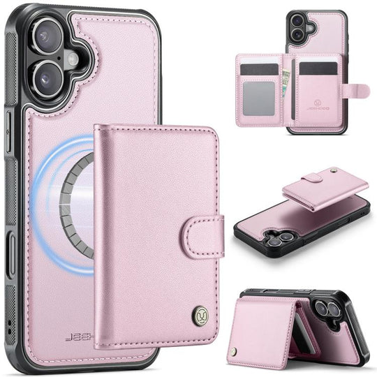 For iPhone 17 JEEHOOD J09 Buckle Card Bag MagSafe Magnetic Style RFID Leather Phone Case(Pink)