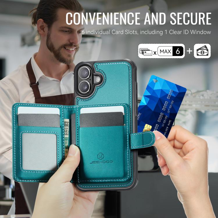For iPhone 17 JEEHOOD J09 Buckle Card Bag MagSafe Magnetic Style RFID Leather Phone Case(Green) - iPhone 17 Cases by JEEHOOD | Online Shopping UK | buy2fix