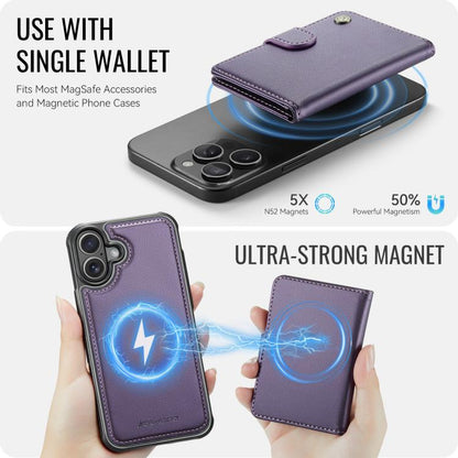 For iPhone 16 Plus JEEHOOD J09 Buckle Card Bag MagSafe Magnetic Style RFID Leather Phone Case(Purple) - iPhone 16 Plus Cases by JEEHOOD | Online Shopping UK | buy2fix