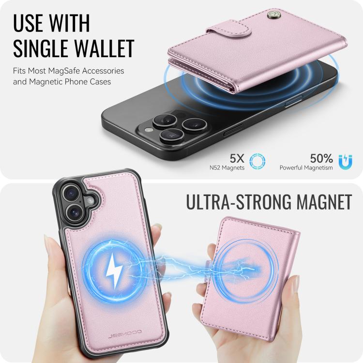 For iPhone 16 Plus JEEHOOD J09 Buckle Card Bag MagSafe Magnetic Style RFID Leather Phone Case(Pink) - iPhone 16 Plus Cases by JEEHOOD | Online Shopping UK | buy2fix