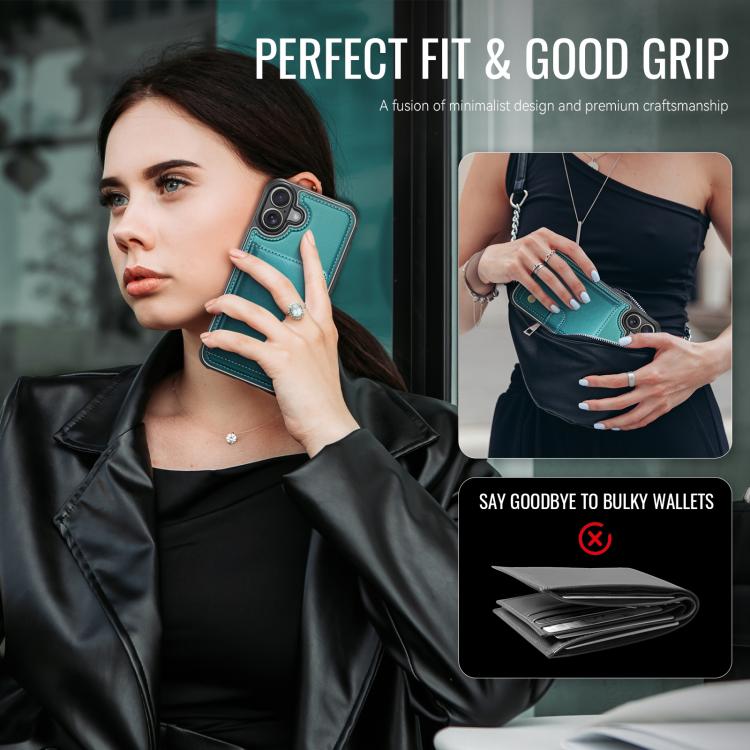 For iPhone 16 Plus JEEHOOD J09 Buckle Card Bag MagSafe Magnetic Style RFID Leather Phone Case(Green) - iPhone 16 Plus Cases by JEEHOOD | Online Shopping UK | buy2fix