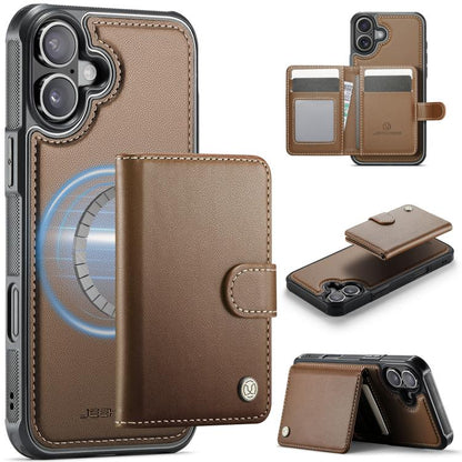 For iPhone 16 Plus JEEHOOD J09 Buckle Card Bag MagSafe Magnetic Style RFID Leather Phone Case(Brown) - iPhone 16 Plus Cases by JEEHOOD | Online Shopping UK | buy2fix