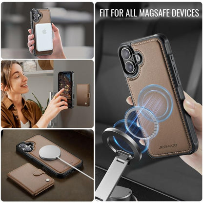 For iPhone 16 Plus JEEHOOD J09 Buckle Card Bag MagSafe Magnetic Style RFID Leather Phone Case(Brown) - iPhone 16 Plus Cases by JEEHOOD | Online Shopping UK | buy2fix