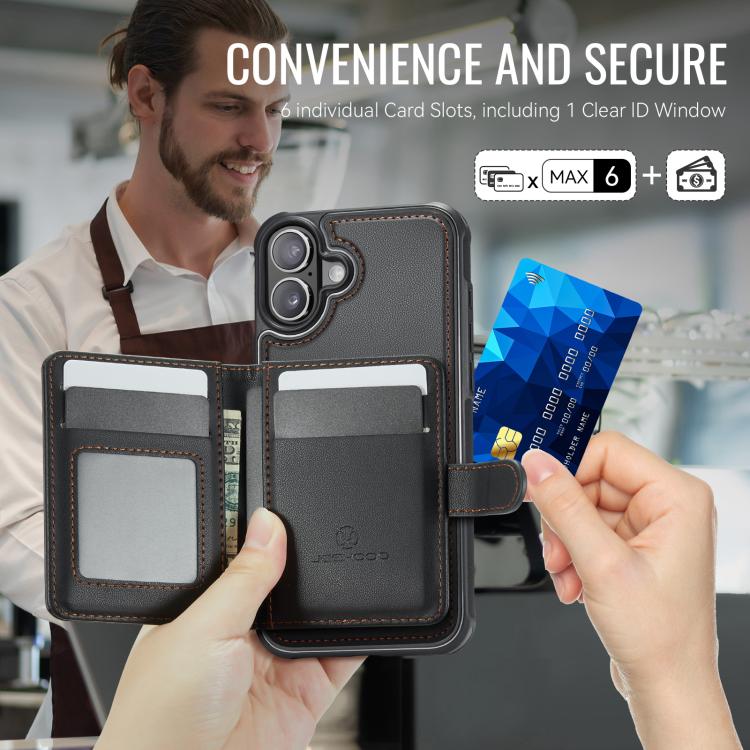 For iPhone 16 Plus JEEHOOD J09 Buckle Card Bag MagSafe Magnetic Style RFID Leather Phone Case(Black) - iPhone 16 Plus Cases by JEEHOOD | Online Shopping UK | buy2fix