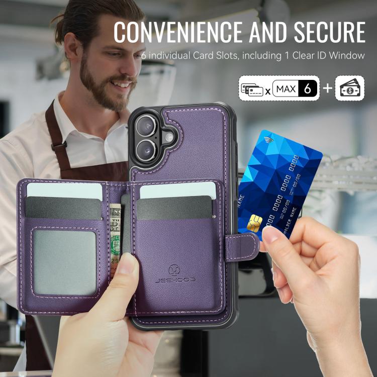 For iPhone 16 JEEHOOD J09 Buckle Card Bag MagSafe Magnetic Style RFID Leather Phone Case(Purple) - iPhone 16 Cases by JEEHOOD | Online Shopping UK | buy2fix