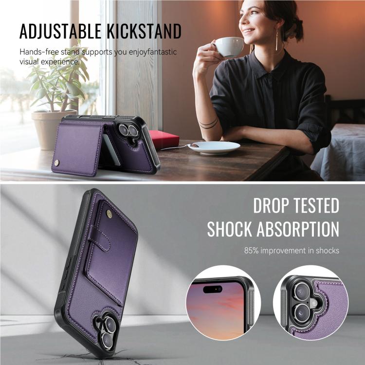 For iPhone 16 JEEHOOD J09 Buckle Card Bag MagSafe Magnetic Style RFID Leather Phone Case(Purple) - iPhone 16 Cases by JEEHOOD | Online Shopping UK | buy2fix