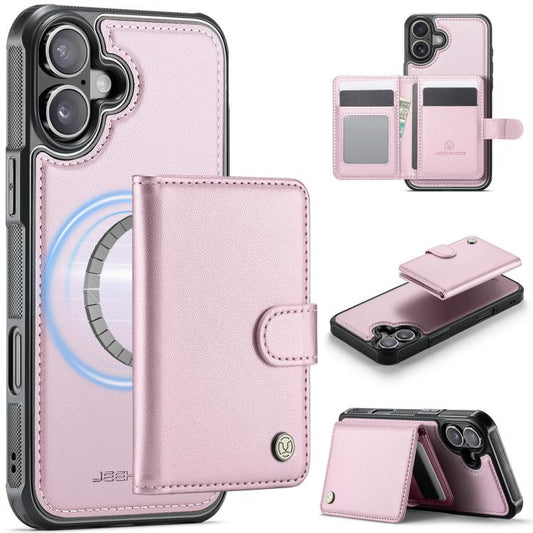 For iPhone 16 JEEHOOD J09 Buckle Card Bag MagSafe Magnetic Style RFID Leather Phone Case(Pink) - iPhone 16 Cases by JEEHOOD | Online Shopping UK | buy2fix