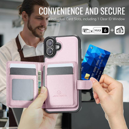 For iPhone 16 JEEHOOD J09 Buckle Card Bag MagSafe Magnetic Style RFID Leather Phone Case(Pink) - iPhone 16 Cases by JEEHOOD | Online Shopping UK | buy2fix