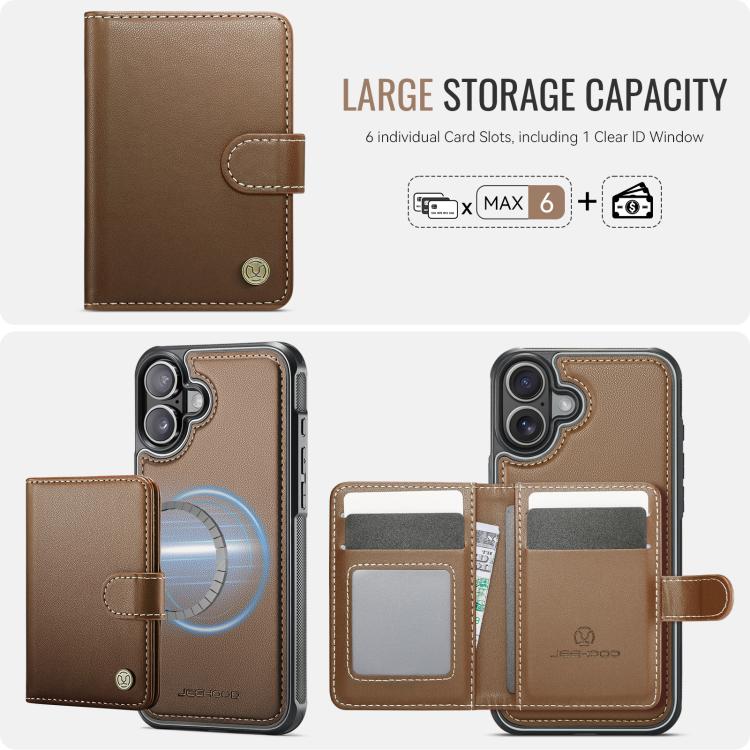 For iPhone 16 JEEHOOD J09 Buckle Card Bag MagSafe Magnetic Style RFID Leather Phone Case(Brown) - iPhone 16 Cases by JEEHOOD | Online Shopping UK | buy2fix