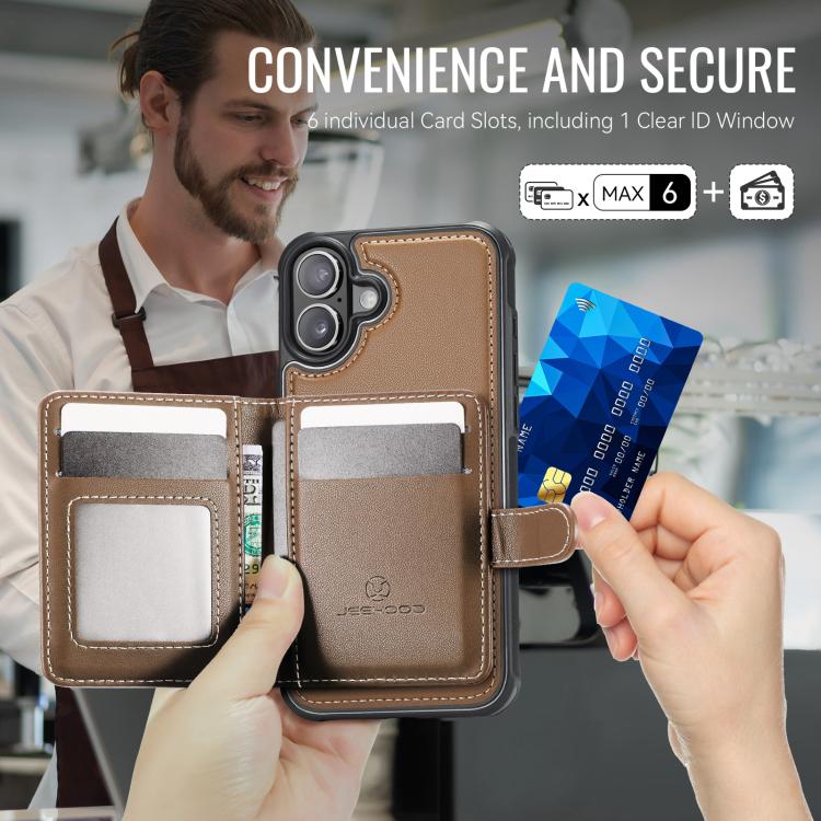 For iPhone 16 JEEHOOD J09 Buckle Card Bag MagSafe Magnetic Style RFID Leather Phone Case(Brown) - iPhone 16 Cases by JEEHOOD | Online Shopping UK | buy2fix