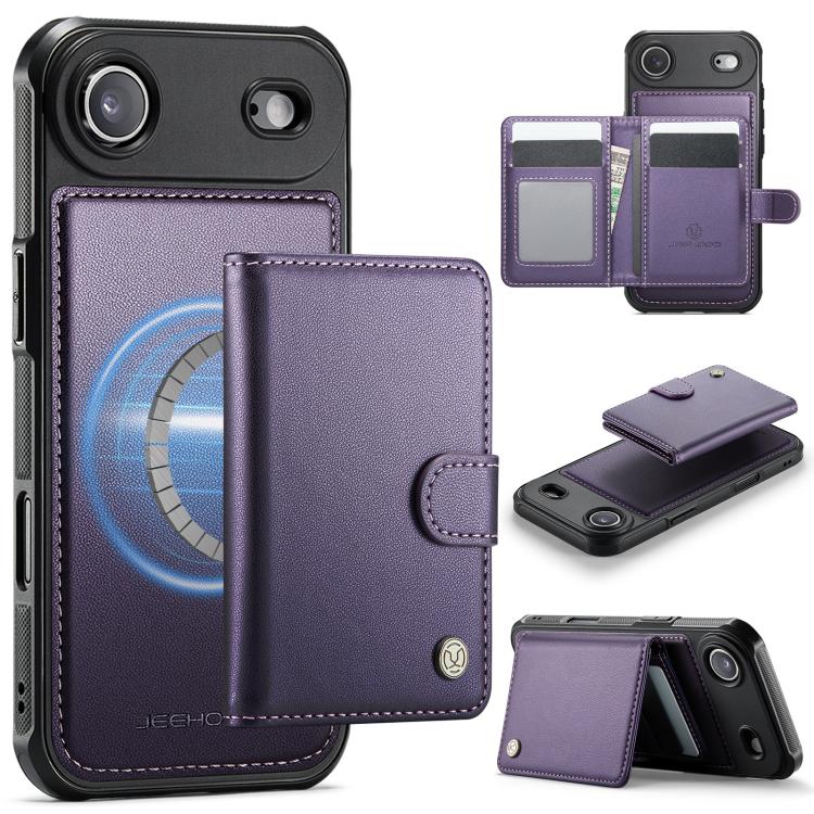 For iPhone Air JEEHOOD J09 Buckle Card Bag MagSafe Magnetic Style RFID Leather Phone Case(Purple) - iPhone Air Cases by JEEHOOD | Online Shopping UK | buy2fix