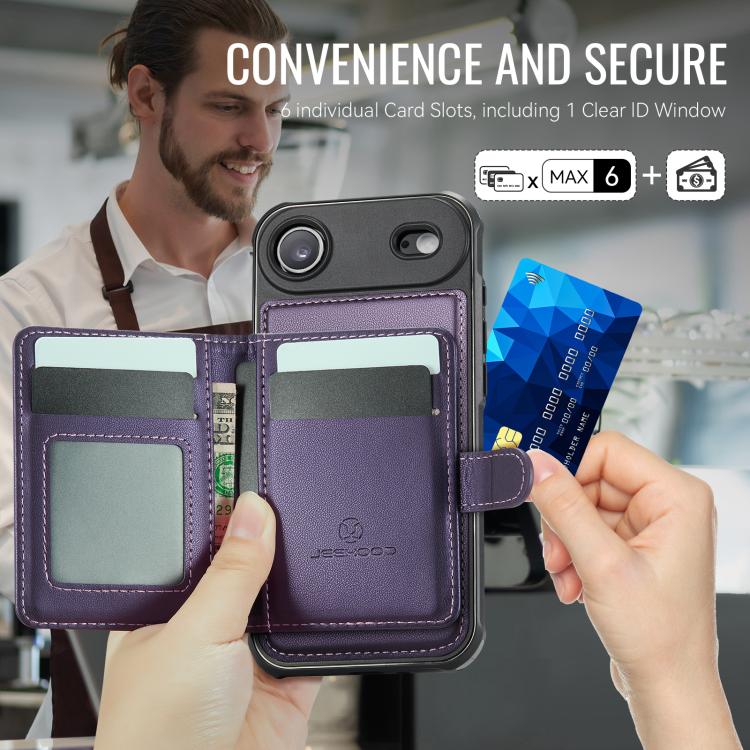 For iPhone Air JEEHOOD J09 Buckle Card Bag MagSafe Magnetic Style RFID Leather Phone Case(Purple) - iPhone Air Cases by JEEHOOD | Online Shopping UK | buy2fix
