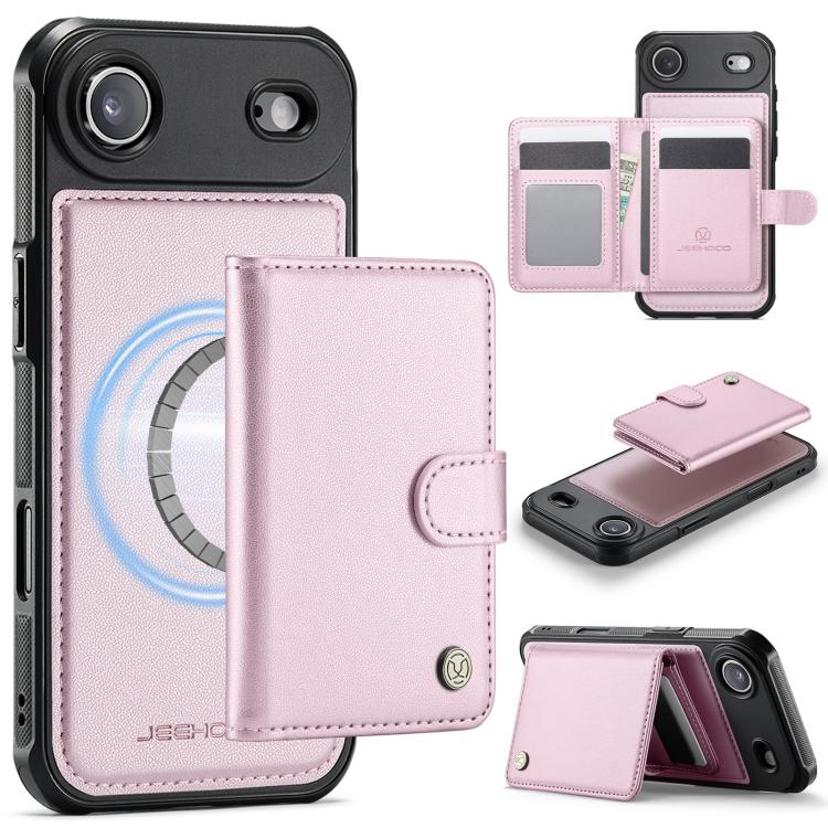 For iPhone Air JEEHOOD J09 Buckle Card Bag MagSafe Magnetic Style RFID Leather Phone Case(Pink) - iPhone Air Cases by JEEHOOD | Online Shopping UK | buy2fix