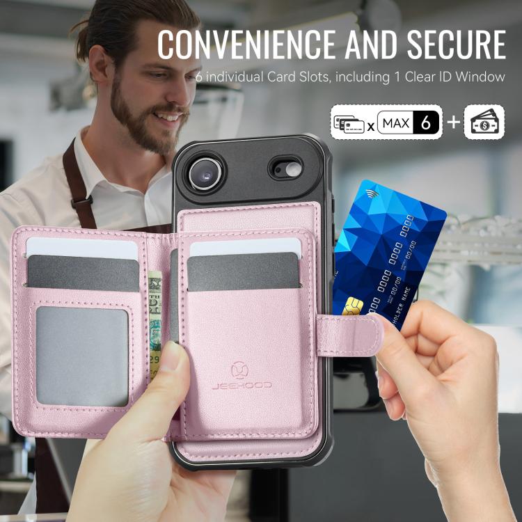 For iPhone Air JEEHOOD J09 Buckle Card Bag MagSafe Magnetic Style RFID Leather Phone Case(Pink) - iPhone Air Cases by JEEHOOD | Online Shopping UK | buy2fix