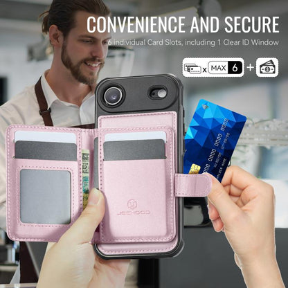 For iPhone Air JEEHOOD J09 Buckle Card Bag MagSafe Magnetic Style RFID Leather Phone Case(Pink) - iPhone Air Cases by JEEHOOD | Online Shopping UK | buy2fix