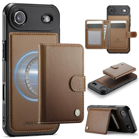 For iPhone Air JEEHOOD J09 Buckle Card Bag MagSafe Magnetic Style RFID Leather Phone Case(Brown) - iPhone Air Cases by JEEHOOD | Online Shopping UK | buy2fix