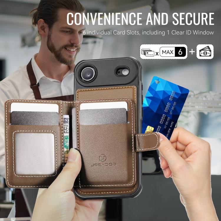 For iPhone Air JEEHOOD J09 Buckle Card Bag MagSafe Magnetic Style RFID Leather Phone Case(Brown) - iPhone Air Cases by JEEHOOD | Online Shopping UK | buy2fix