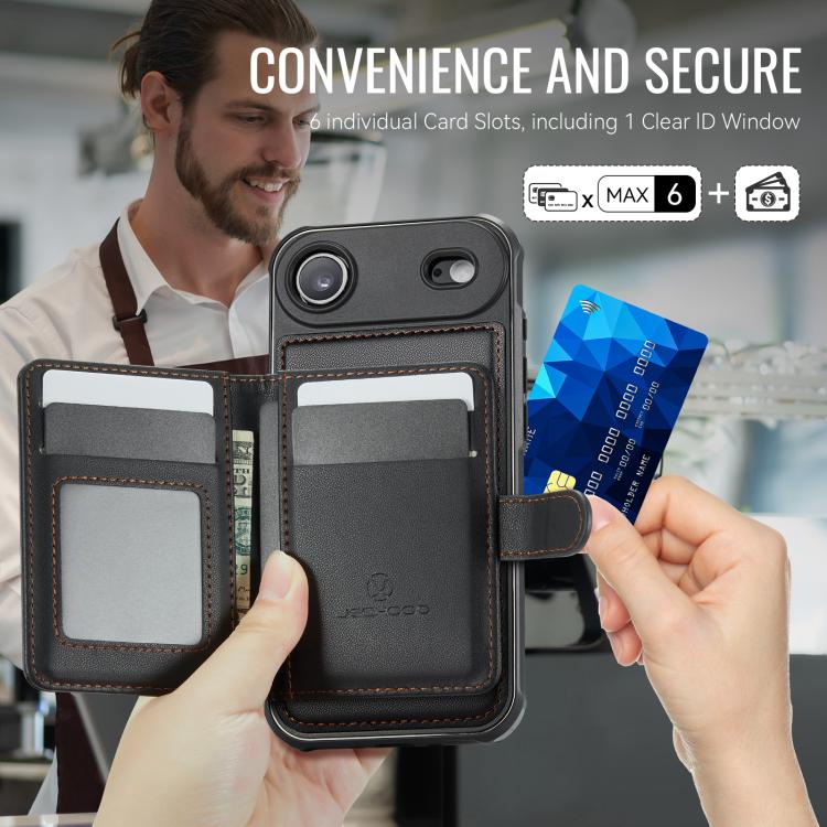 For iPhone Air JEEHOOD J09 Buckle Card Bag MagSafe Magnetic Style RFID Leather Phone Case(Black) - iPhone Air Cases by JEEHOOD | Online Shopping UK | buy2fix