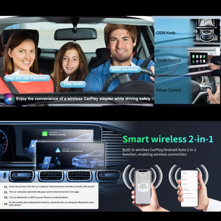 2 in 1 Car CarPlay and Android Auto Wired to Wireless Smart Box Adapter Mini USB Converter(Black) - Bluetooth Adapters by buy2fix | Online Shopping UK | buy2fix