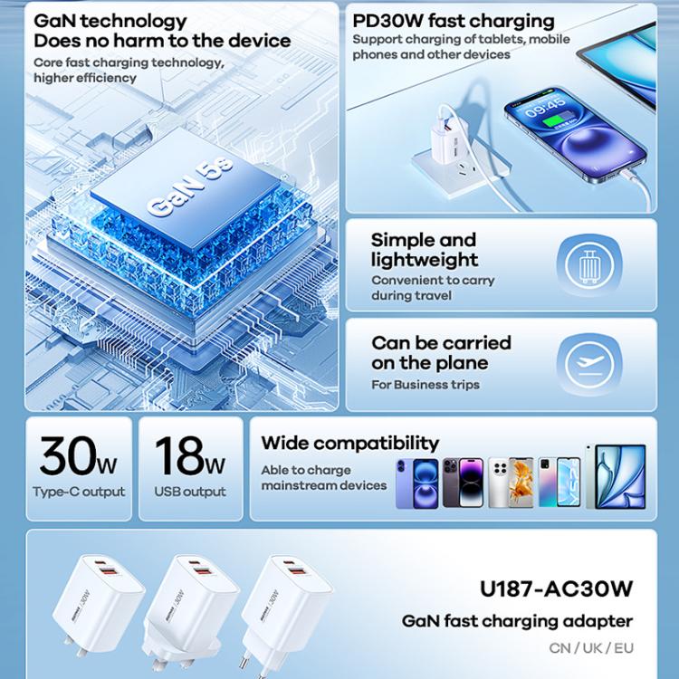 REMAX U187-AC 20W USB and Type-C GaN Fast Charger, Specification:EU Plug(White) - USB Charger by REMAX | Online Shopping UK | buy2fix