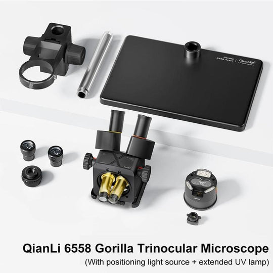 QianLi 6558 6.5X-58X Gorilla Trinocular Microscope with Light Source + UV Lamp, Plug:US Plug
