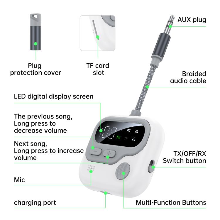 JS4 2 in 1 Car Digital Display Wireless Audio Adapter 3.5mm Audio Receiver Transmitter(White) - Audio Receiver Transmitter by buy2fix | Online Shopping UK | buy2fix