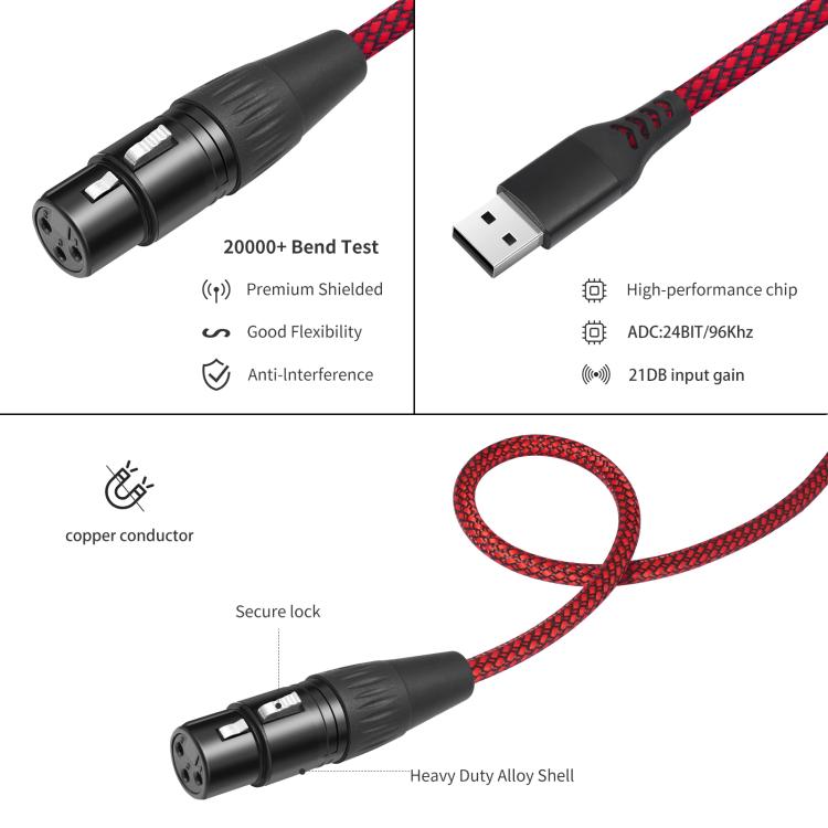 USB-A to XLR Female Audio Recording Cable for Dynamic Microphone, Length:3m(Black Red) - Microphone Audio Cable & Connector by buy2fix | Online Shopping UK | buy2fix