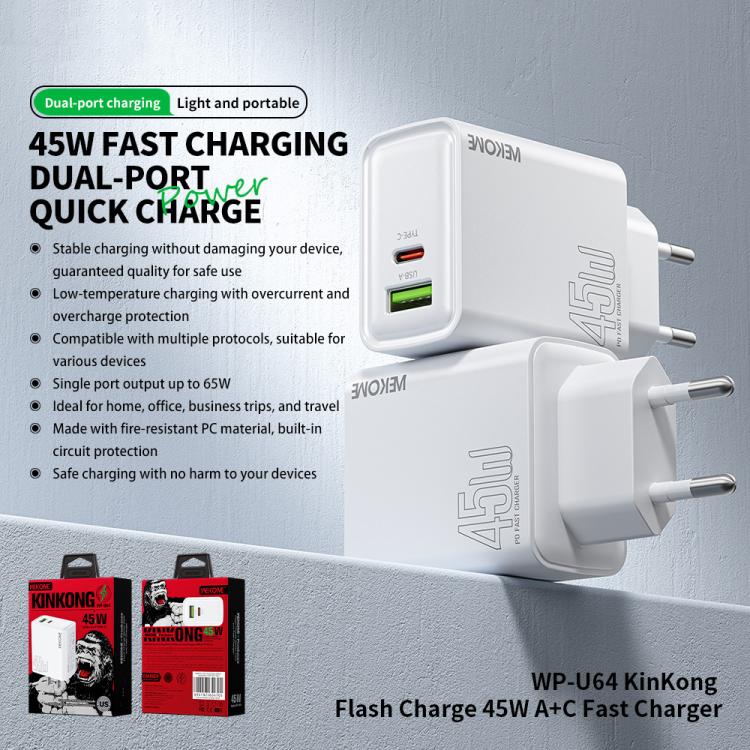 EU Plug WK WP-U64 45W Kinkong Flash Charge USB+Type-C Port Fast Charger - USB Charger by WK | Online Shopping UK | buy2fix