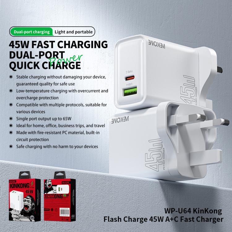 UK Plug WK WP-U64 45W Kinkong Flash Charge USB+Type-C Port Fast Charger - USB Charger by WK | Online Shopping UK | buy2fix