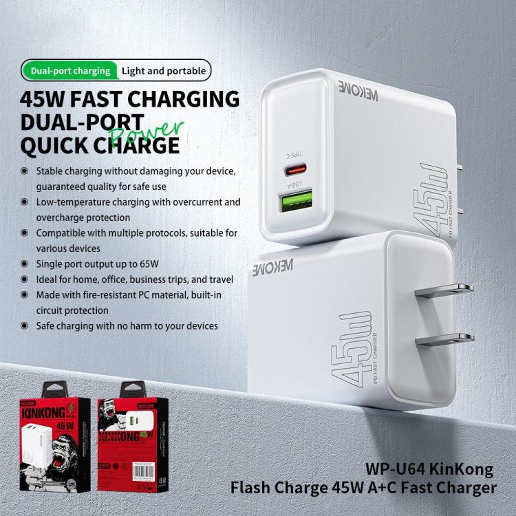 US Plug WK WP-U64 45W Kinkong Flash Charge USB+Type-C Port Fast Charger - USB Charger by WK | Online Shopping UK | buy2fix