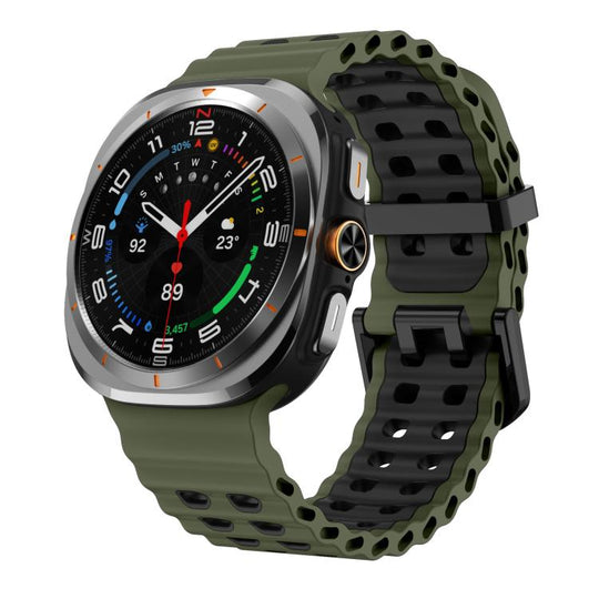 For Galaxy Watch Ultra2 2026 / 2025 / 1 2024 xDfind Black Buckle Ocean Two Color Dual-row Hole Silicone Watch Band(Army Green Black)