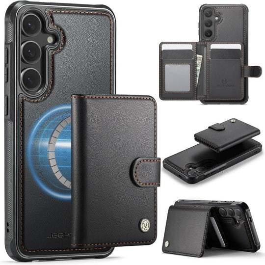For Samsung Galaxy S25+ 5G JEEHOOD J09 Buckle Card Bag MagSafe Magnetic Style RFID Leather Phone Case(Black)