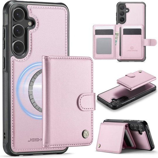 For Samsung Galaxy S25 5G JEEHOOD J09 Buckle Card Bag MagSafe Magnetic Style RFID Leather Phone Case(Pink)