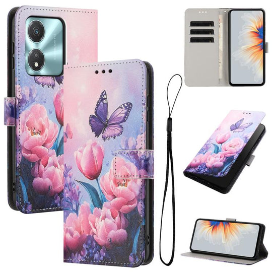For Honor X5c Plus Color Drawing Pattern Leather Phone Case(Pink Butterfly)