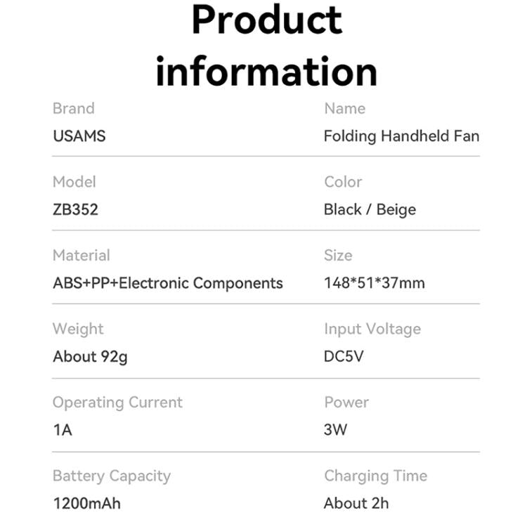 USAMS ZB352 Digital Display Folding Handheld Mini Fan(Black) - Electric Fans by USAMS | Online Shopping UK | buy2fix