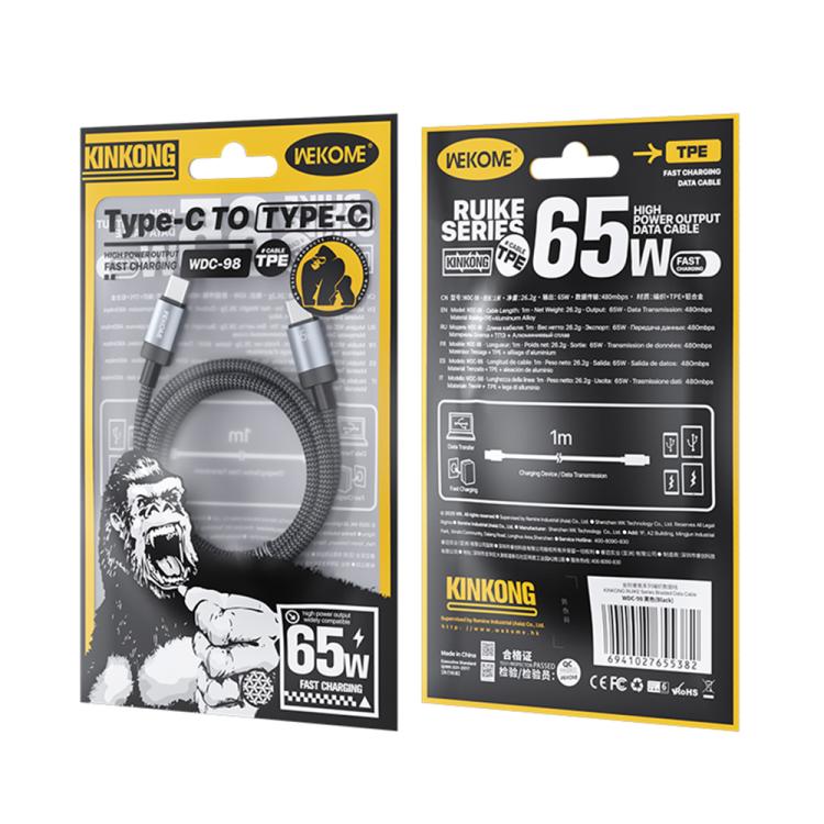 WK WDC-98 Kingkong Ruike Series 65W USB-C / Type-C to USB-C / Type-C Braided Charging Data Cable, Length: 1m(Black) - USB-C & Type-C Cable by WK | Online Shopping UK | buy2fix