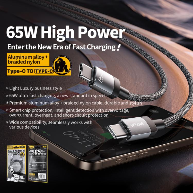 WK WDC-98 Kingkong Ruike Series 65W USB-C / Type-C to USB-C / Type-C Braided Charging Data Cable, Length: 1m(Black) - USB-C & Type-C Cable by WK | Online Shopping UK | buy2fix