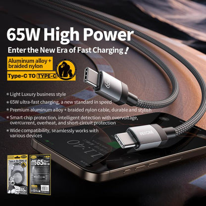 WK WDC-98 Kingkong Ruike Series 65W USB-C / Type-C to USB-C / Type-C Braided Charging Data Cable, Length: 1m(Black) - USB-C & Type-C Cable by WK | Online Shopping UK | buy2fix