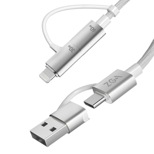 ZGA CB10 60W USB/Type-C to 8 Pin/Type-C 4 in 1 Fast Charging Data Cable, Length: 1.2m(White)