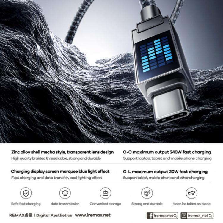 REMAX CB01 PD65W Type-C to Type-C Aluminum Alloy Braided Fast Charging Data Cable with LED Light, Length: 1.2m(Black) - USB-C & Type-C Cable by REMAX | Online Shopping UK | buy2fix